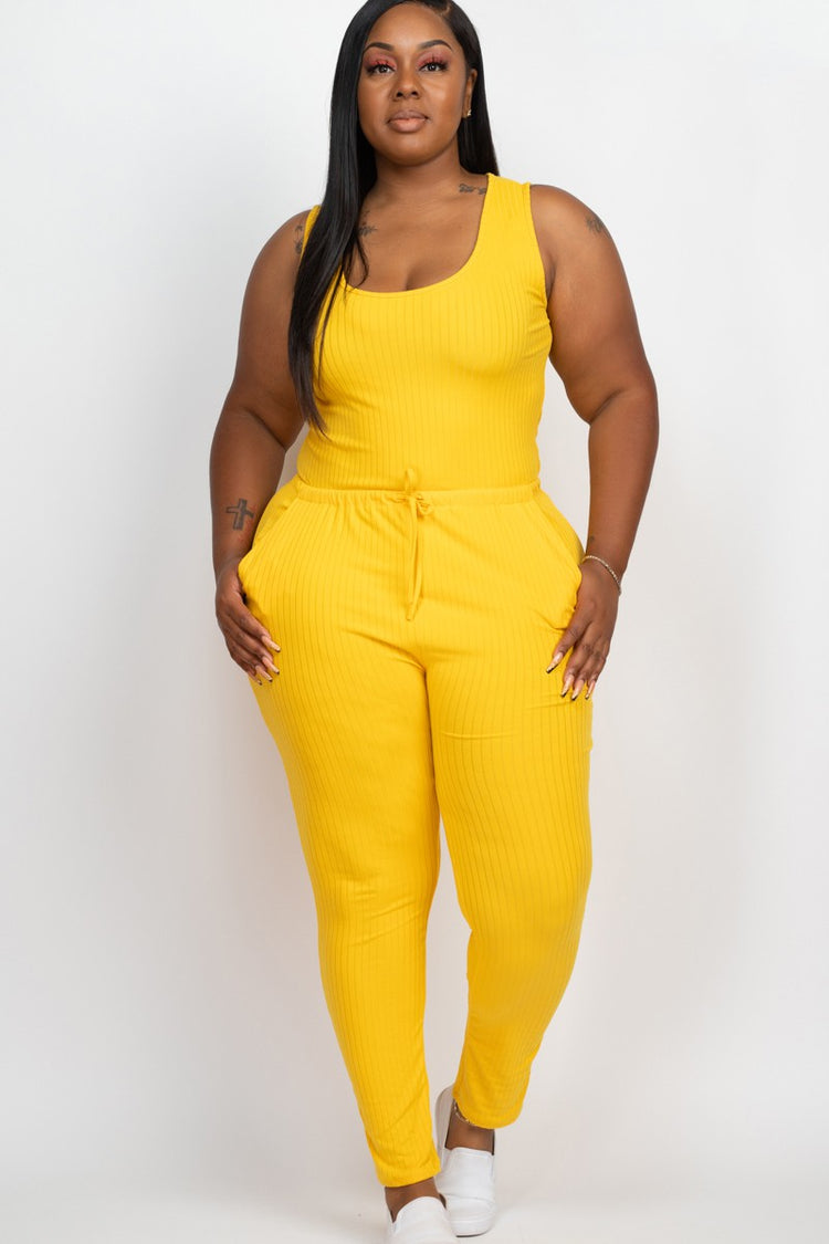 plus size Ribbed Sleeveless Drawstring Jumpsuit