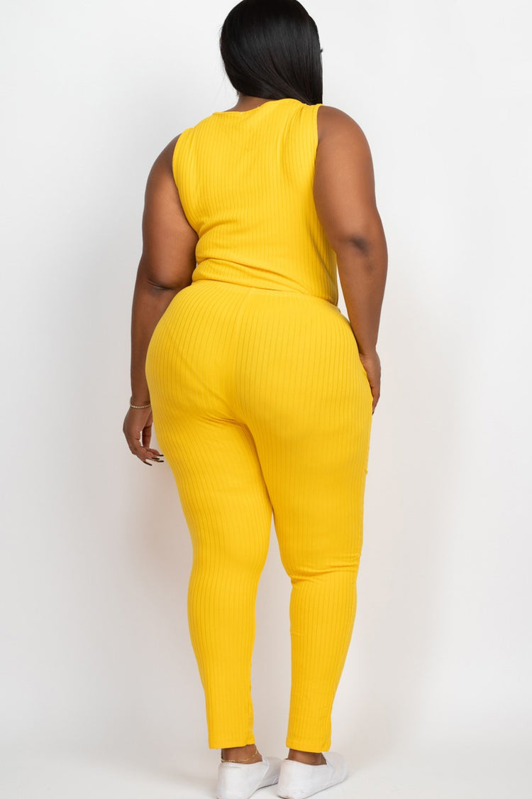 plus size Ribbed Sleeveless Drawstring Jumpsuit