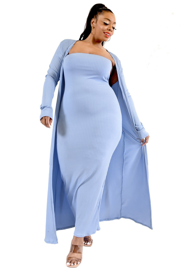 PLUS SOLID CARDIGAN 2 PIECE MAXI DRESS SET