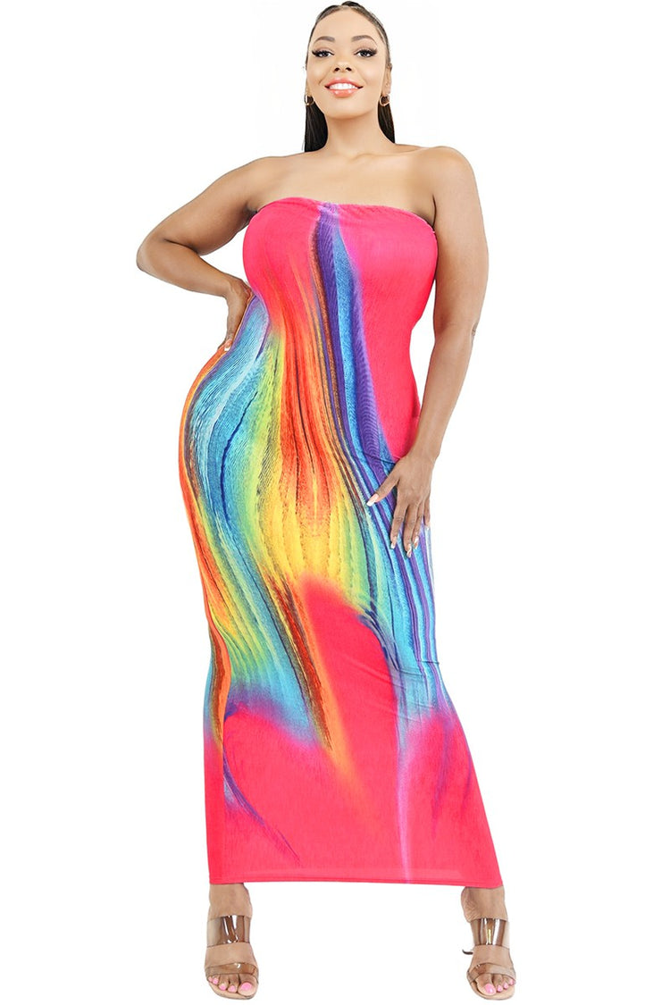 PLUS SLEEVELESS COLOR BRUSHED TUBE MAXI DRESS