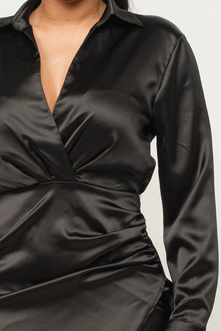Satin Open Front Wrap Shirring Detail Dress