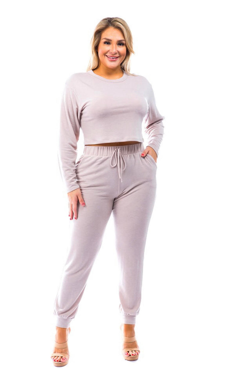 PLUS SIZE SOLID CROP & JOGGER PANTS SET 2pc
