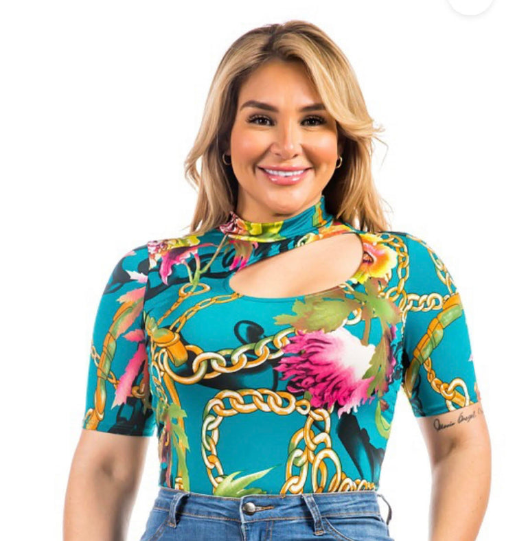 PLUS FLORAL ASYMMETRIC CUTOUT BODYSUIT Navy blue