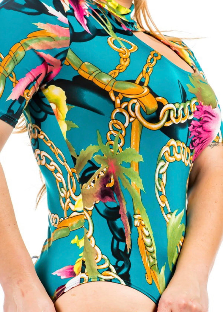 PLUS FLORAL ASYMMETRIC CUTOUT BODYSUIT Navy blue