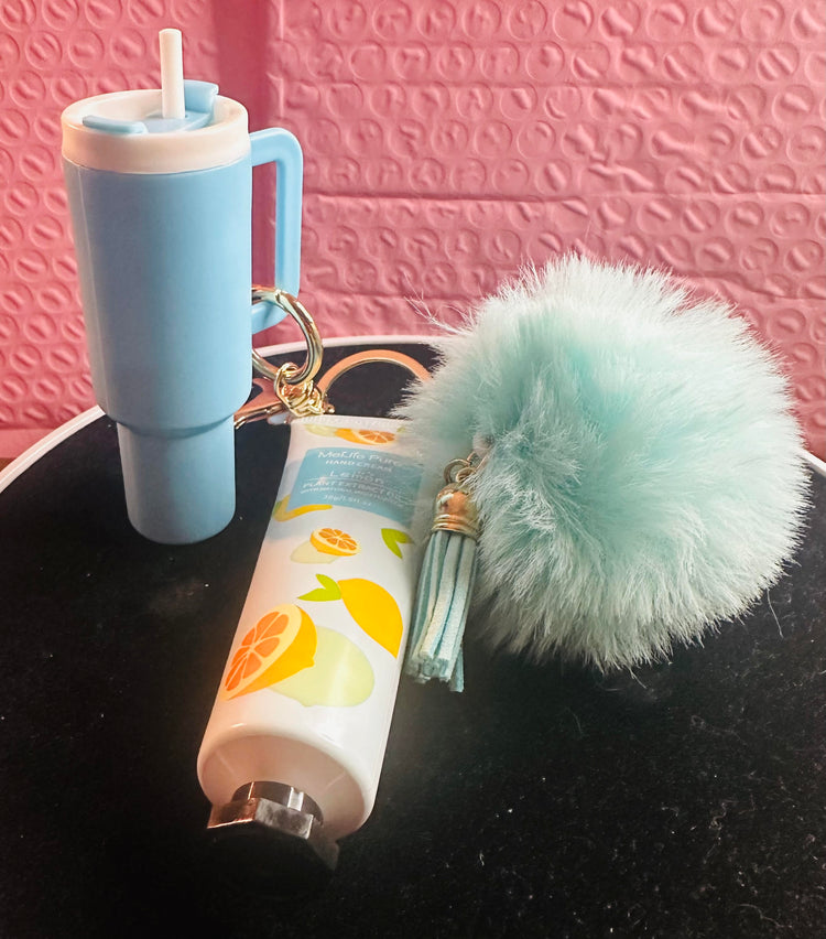Mini Lip Balm Keychain Set With Hand Lotion