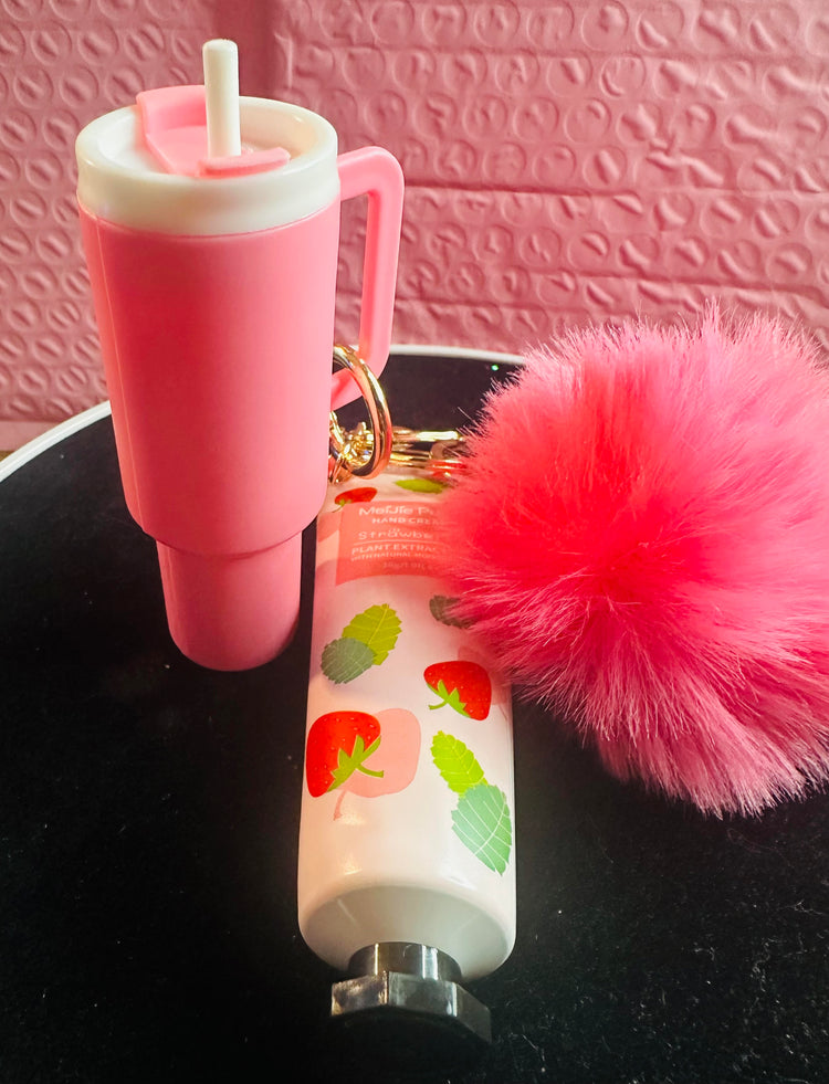 Mini Lip Balm Keychain Set With Hand Lotion