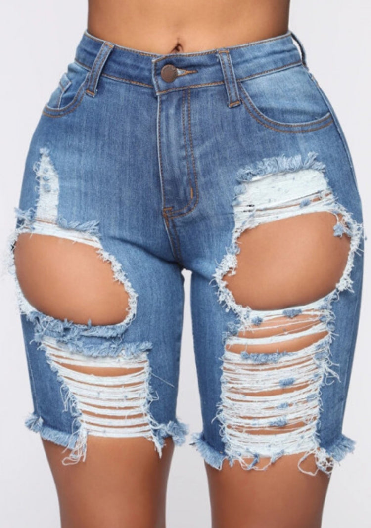 Broken Holes Thigh Cut Shorts