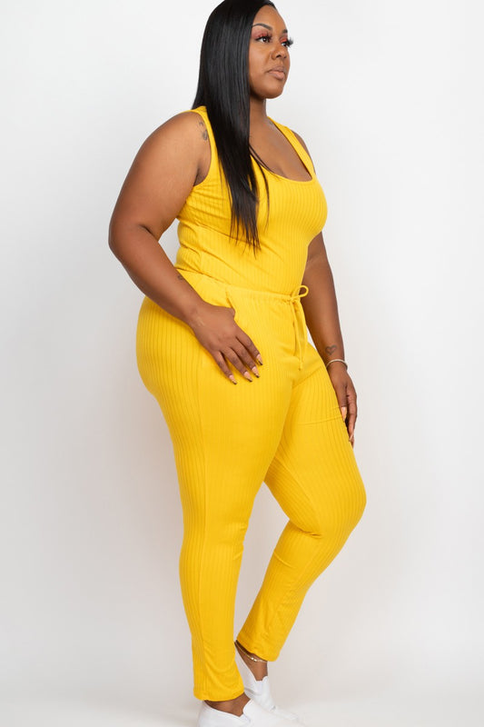 plus size Ribbed Sleeveless Drawstring Jumpsuit