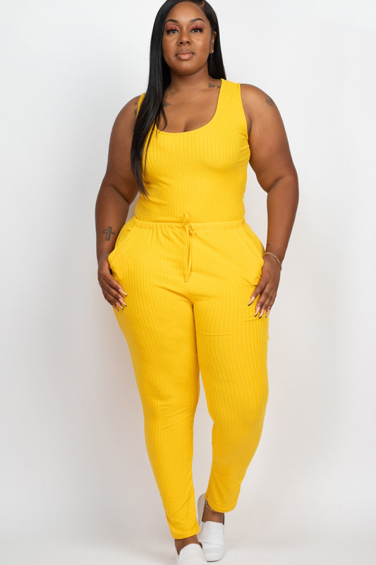 plus size Ribbed Sleeveless Drawstring Jumpsuit