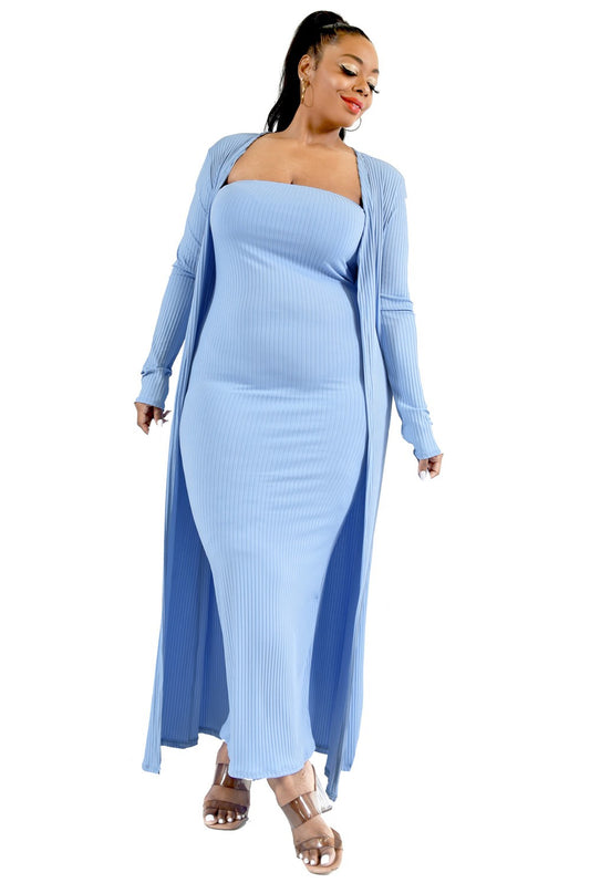 PLUS SOLID CARDIGAN 2 PIECE MAXI DRESS SET