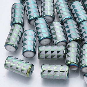 Electroplate Glass Beads, Column with Triangle Pattern, Purple, 20x10mm, Hole: 1.2mm