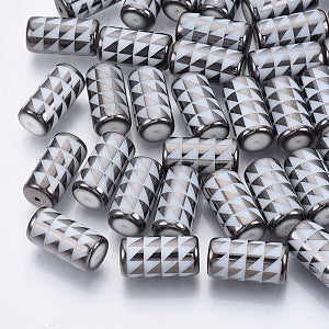 Electroplate Glass Beads, Column with Triangle Pattern, Purple, 20x10mm, Hole: 1.2mm