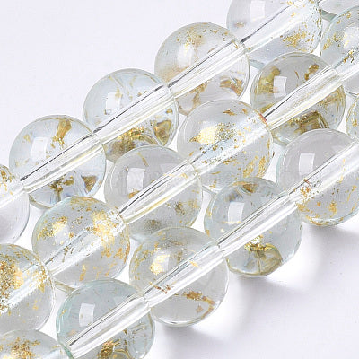Transparent Spray Painted Glass Bead Strands, with Golden Foil, Round, Clear 40 or more beads per strand.