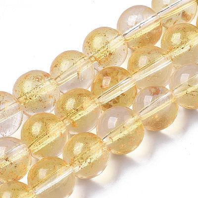 Transparent Spray Painted Glass Bead Strands, with Golden Foil, Round, Gold, 10mm 40 or more beads per strand.