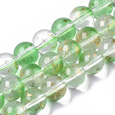 Transparent Spray Painted Glass Bead Strands, with Golden Foil, Round, Lime Green, 10mm 40 or more beads per strand.