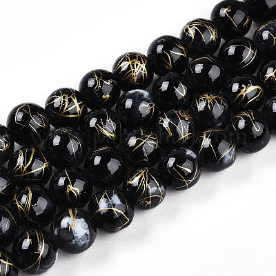 Black Painted Glass Beads Strands, Round,