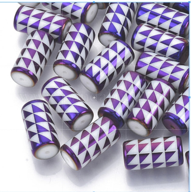 Electroplate Glass Beads, Column with Triangle Pattern, Purple, 20x10mm, Hole: 1.2mm