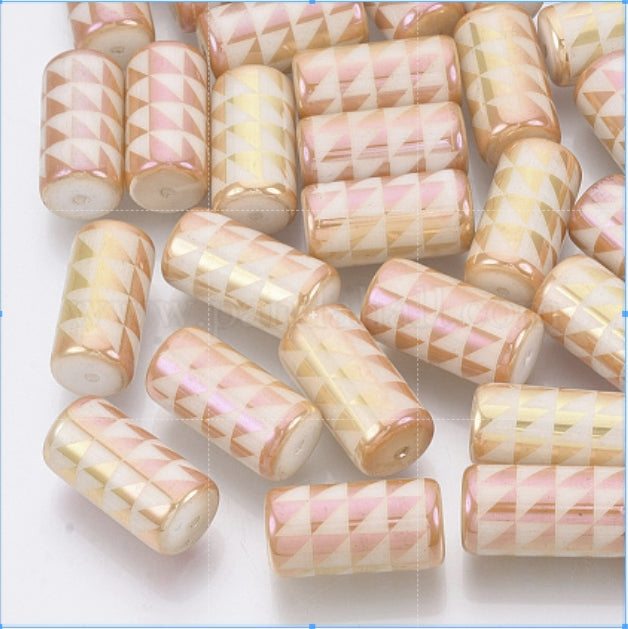 Electroplate Glass Beads, Column with Triangle Pattern, Purple, 20x10mm, Hole: 1.2mm