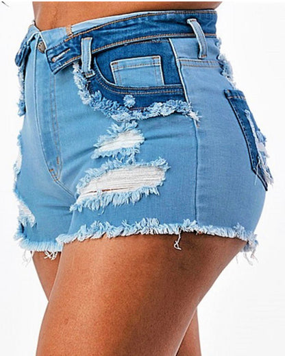 High Rise Fold Over Waist Duo Blue Denim Shorts