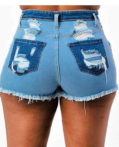 High Rise Fold Over Waist Duo Blue Denim Shorts