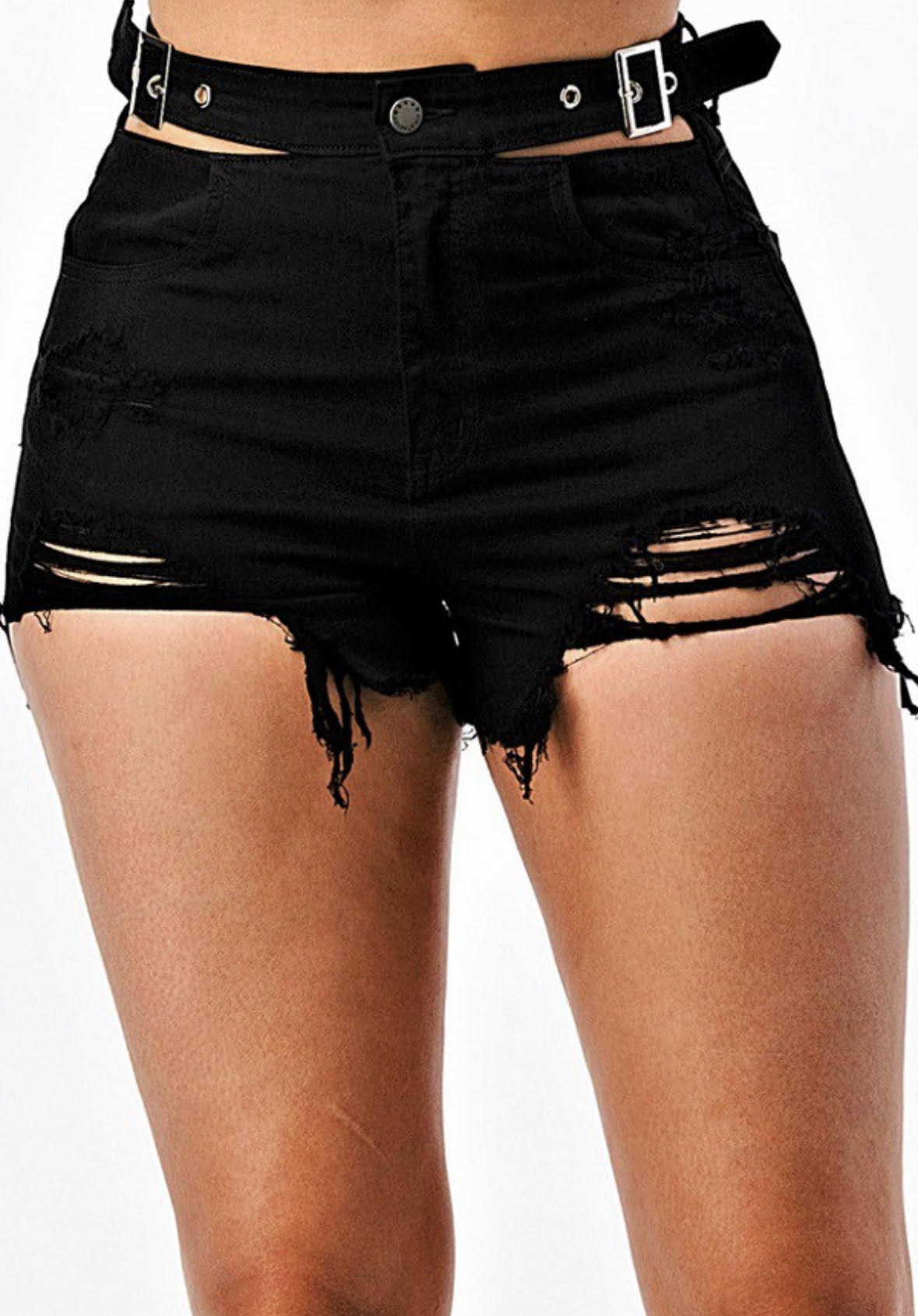 High Rise Waist Buckle Black Shorts