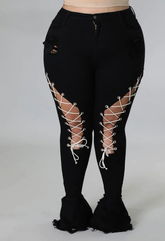 Plus Size High Rise Lace Up Black Jeans