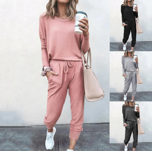 Women's Fashion Solid Color Cotton Polyester Patchwork Pants Set