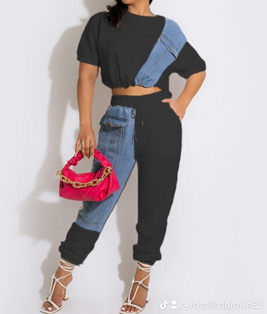 Plus Size Imitation Denim Crop Top Design Pants Set