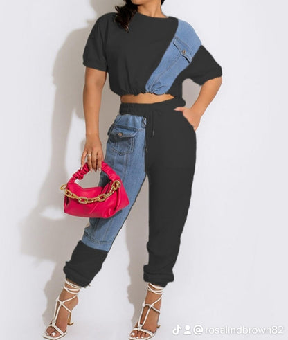 Plus Size Imitation Denim Crop Top Design Pants Set