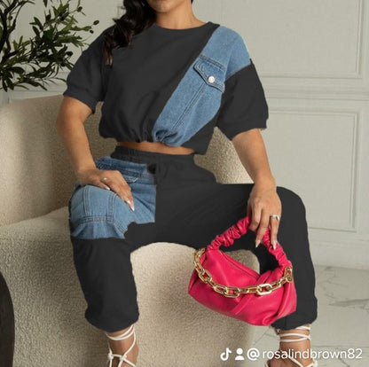 Plus Size Imitation Denim Crop Top Design Pants Set