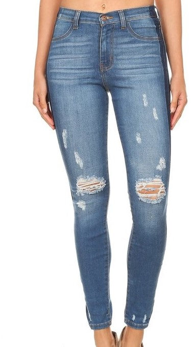 Distressed one stripe jean