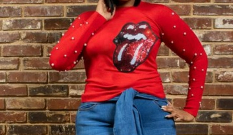 Red Bedazzled Tongue Tee