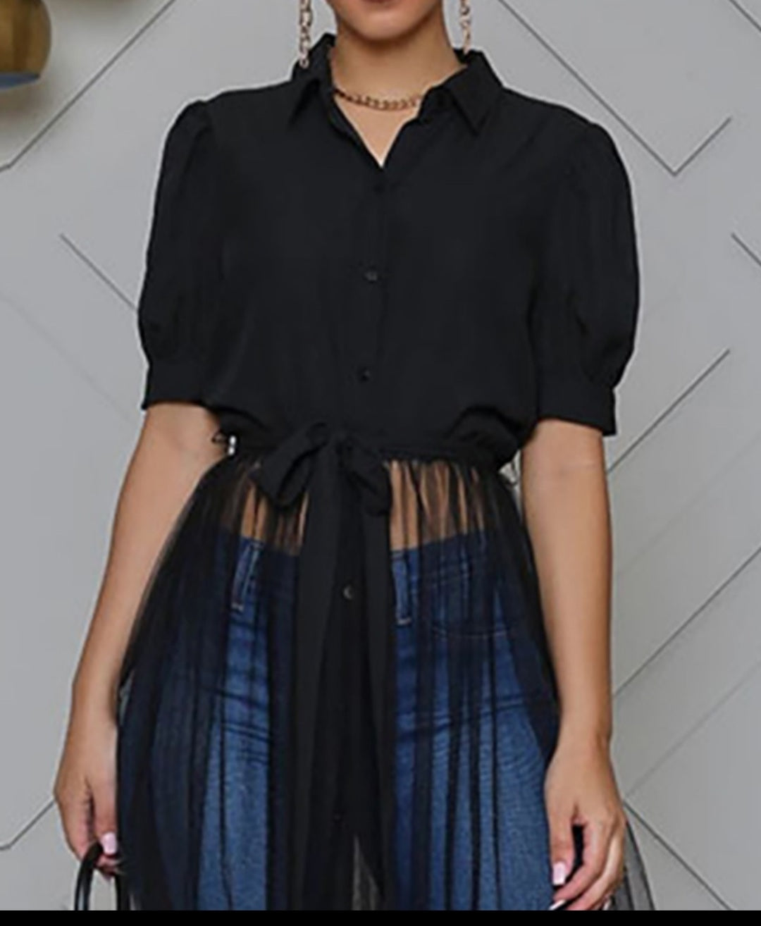 Puffed Sleeve Sheer Mesh long Shirt