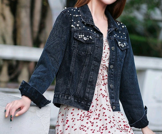 Dark Denim Beaded Crop Jacket (SMALL CUT)