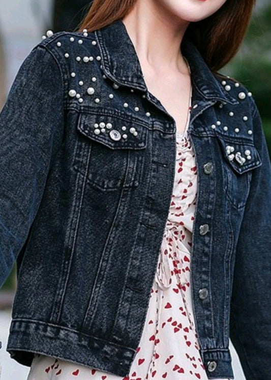 Dark Denim Beaded Crop Jacket (SMALL CUT)