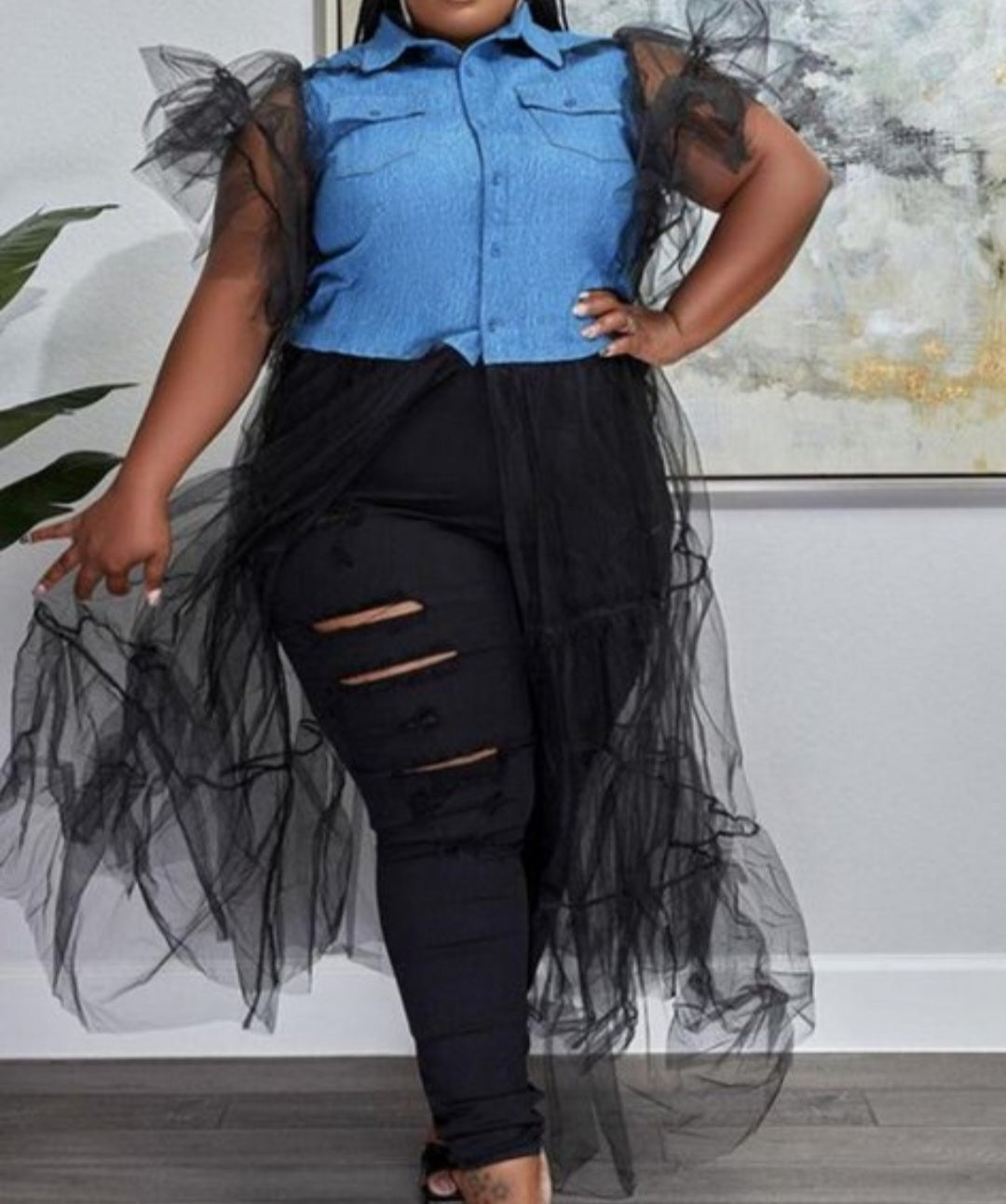 Sheer Ruffle Denim Design Jacket